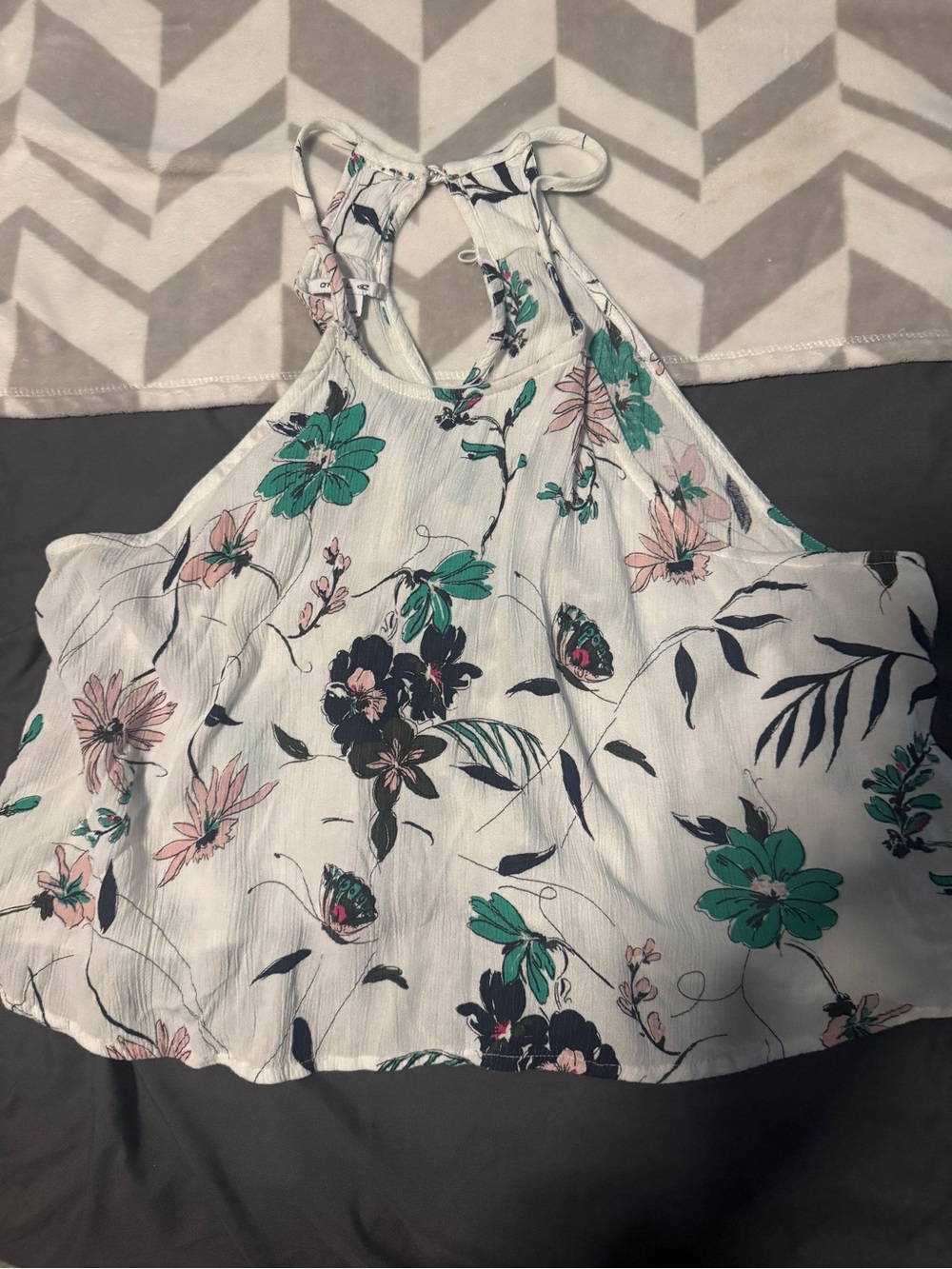 Source Unknown White Floral Halter Crop Top with Teal and Pink Accents